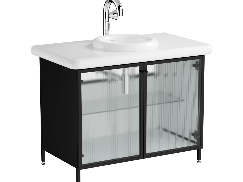 Washbasin Unit 100cm With Glass Doors Ceramic Countertop Vitra - Liquid Series